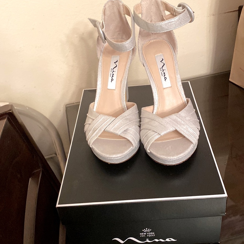 Silver size 6.5 ankle strap sandal heels